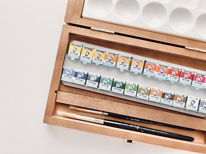 Van Gogh Set d'aquarelles en boîte en bois, 24 couleurs en demi-pastilles et 3 accessoires